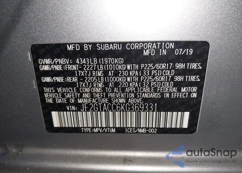 2019 Subaru Crosstrek 2.0I Premium z USA, uszkodzony, nr VIN JF2GTACC6KG369331